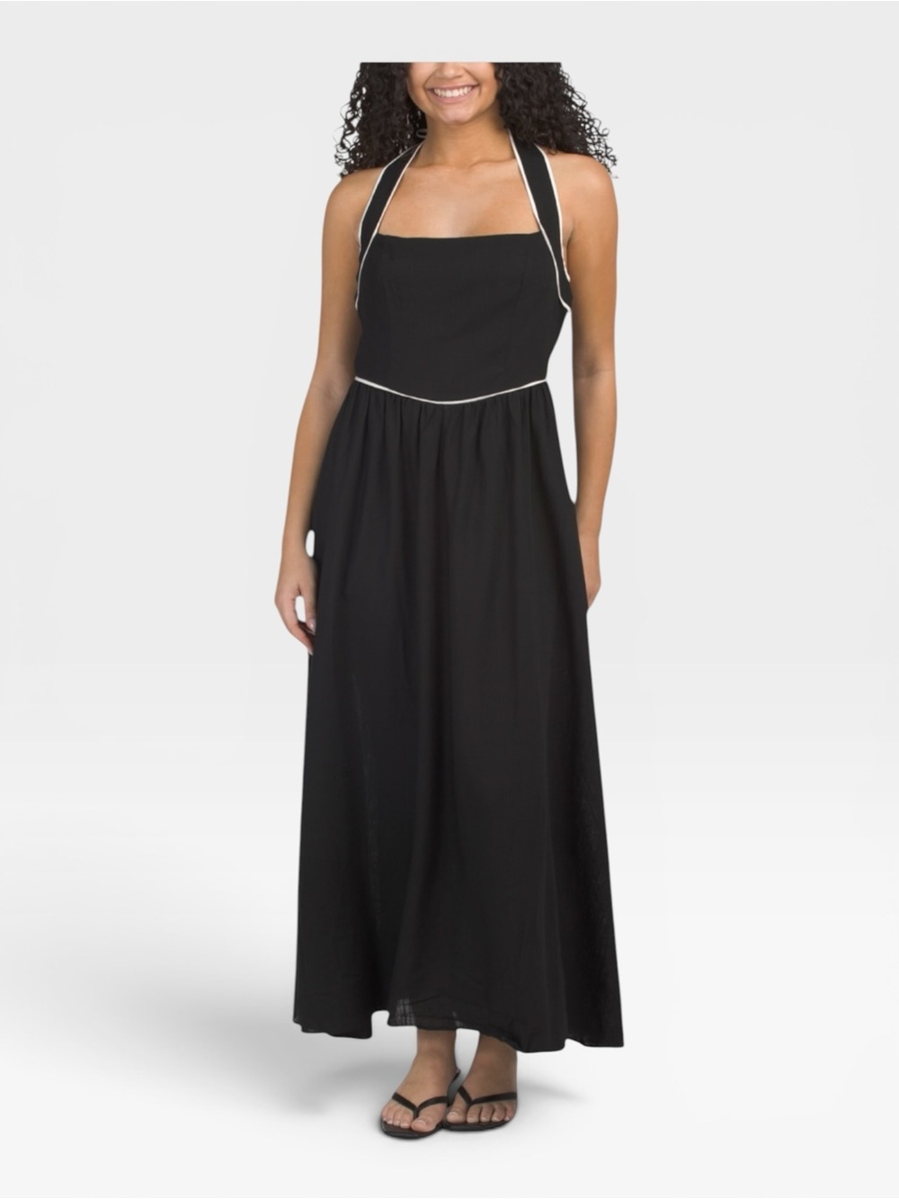 NWT White Closet Linen Blend Halter Neck Maxi Dress Black & White SMALL
